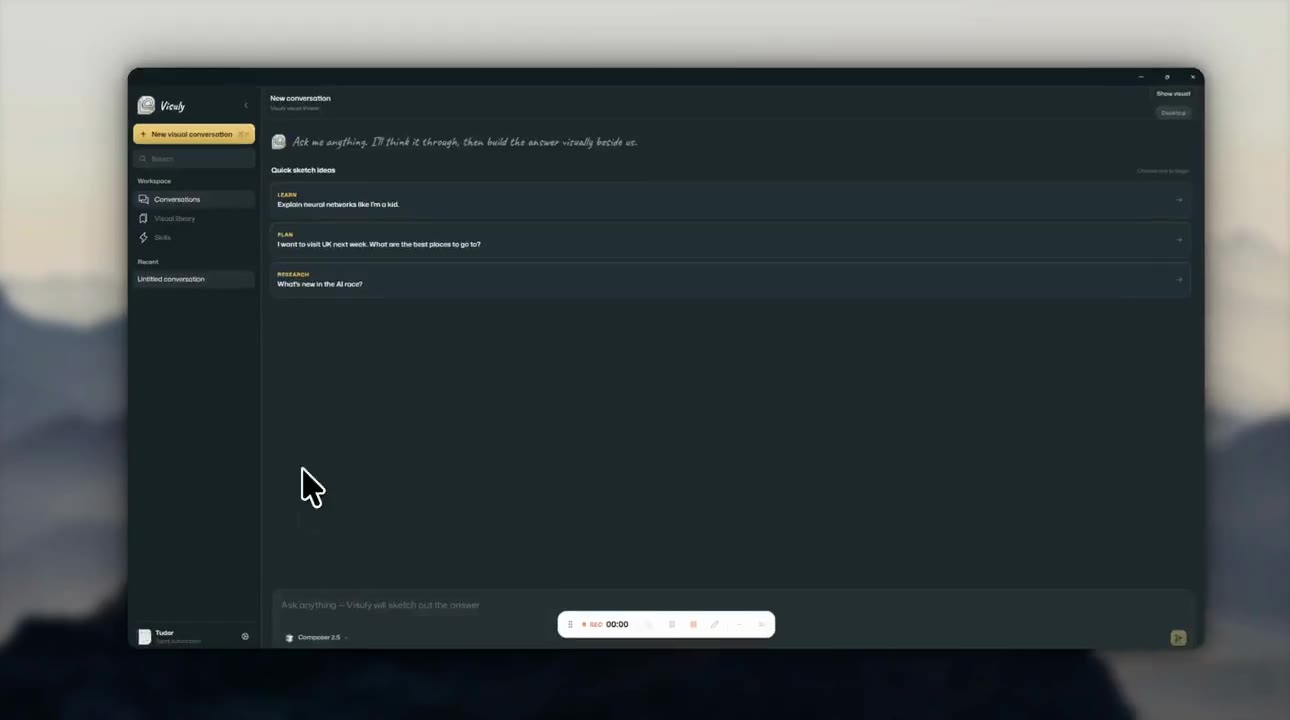 Visuly desktop: chat on the left, a visual answer on paper