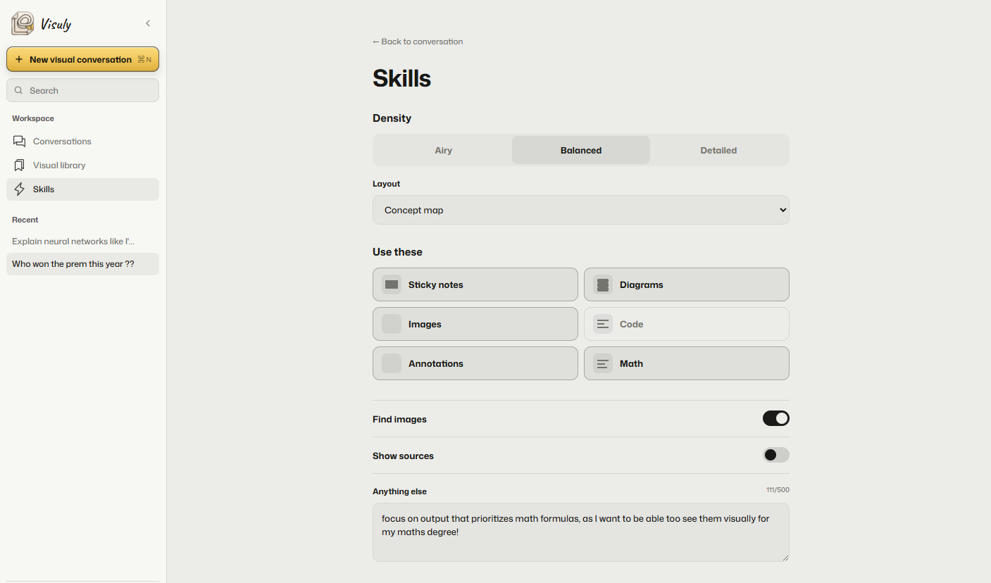 Skills settings in the Visuly app